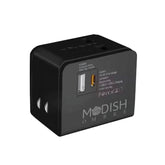 Black Modish universal travel adapter with USB and USB-C ports, front angle view